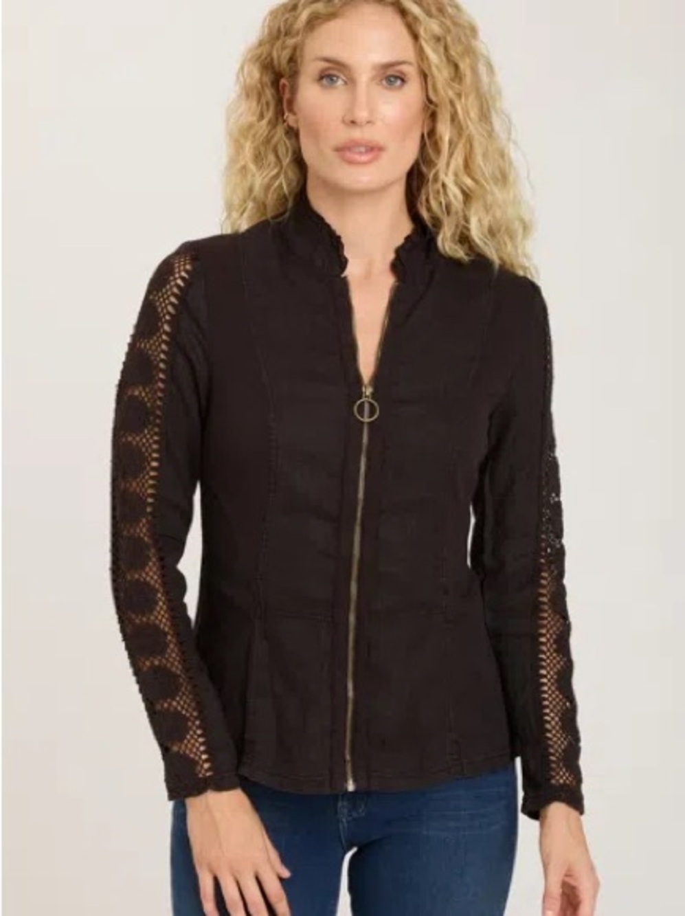 XCVI Black Birch Jacket with Crochet Sleeve Panels size large boho linen - Picture 6 of 6